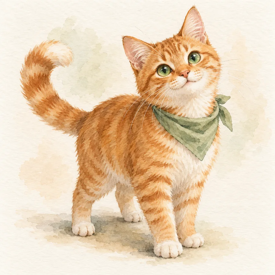An original orange cat in watercolor with green eyes and a sage bandana.